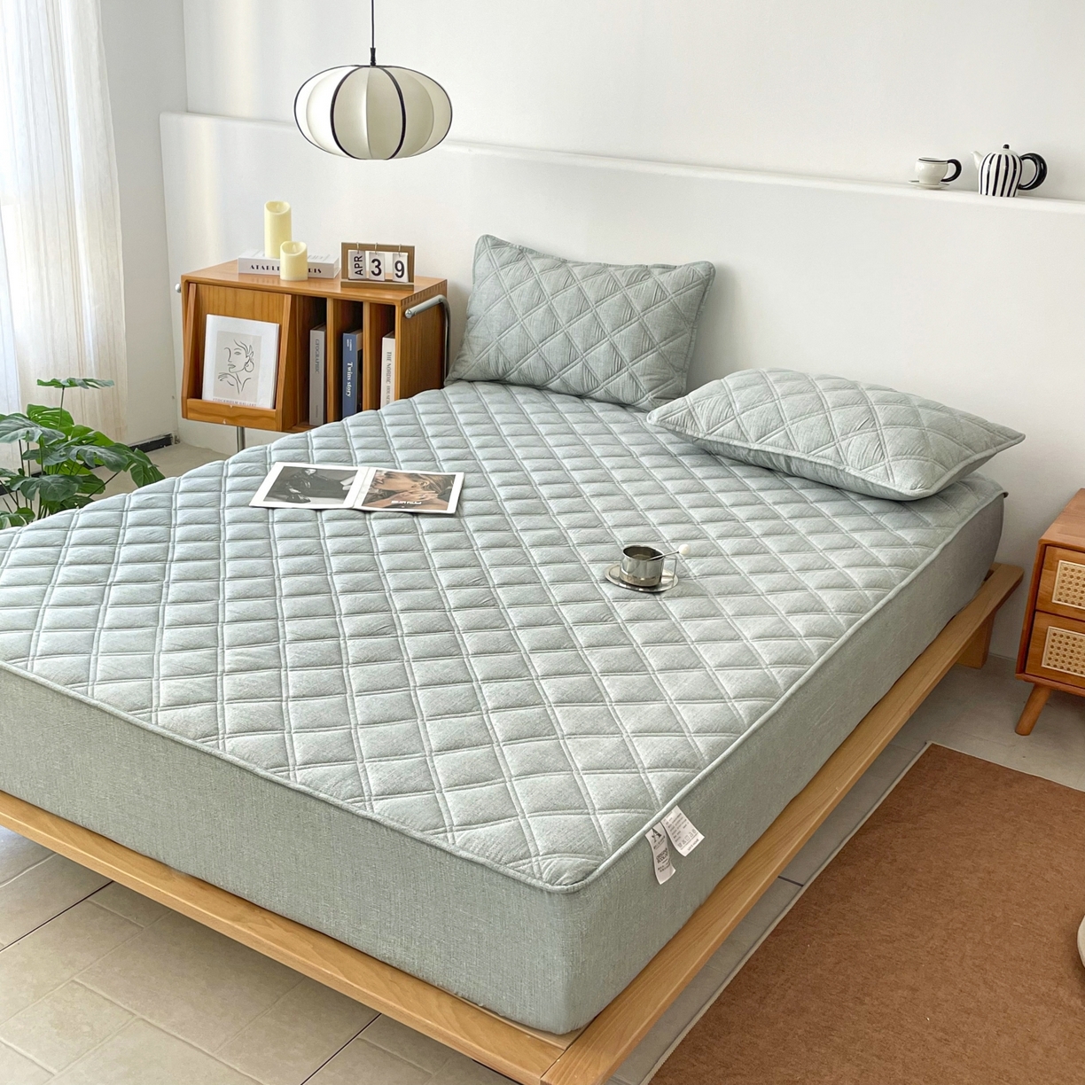 91家纺网 家纺一手货源 找家纺 豪选家纺 2025新款仿亚麻夹棉棉花床笠 青草绿