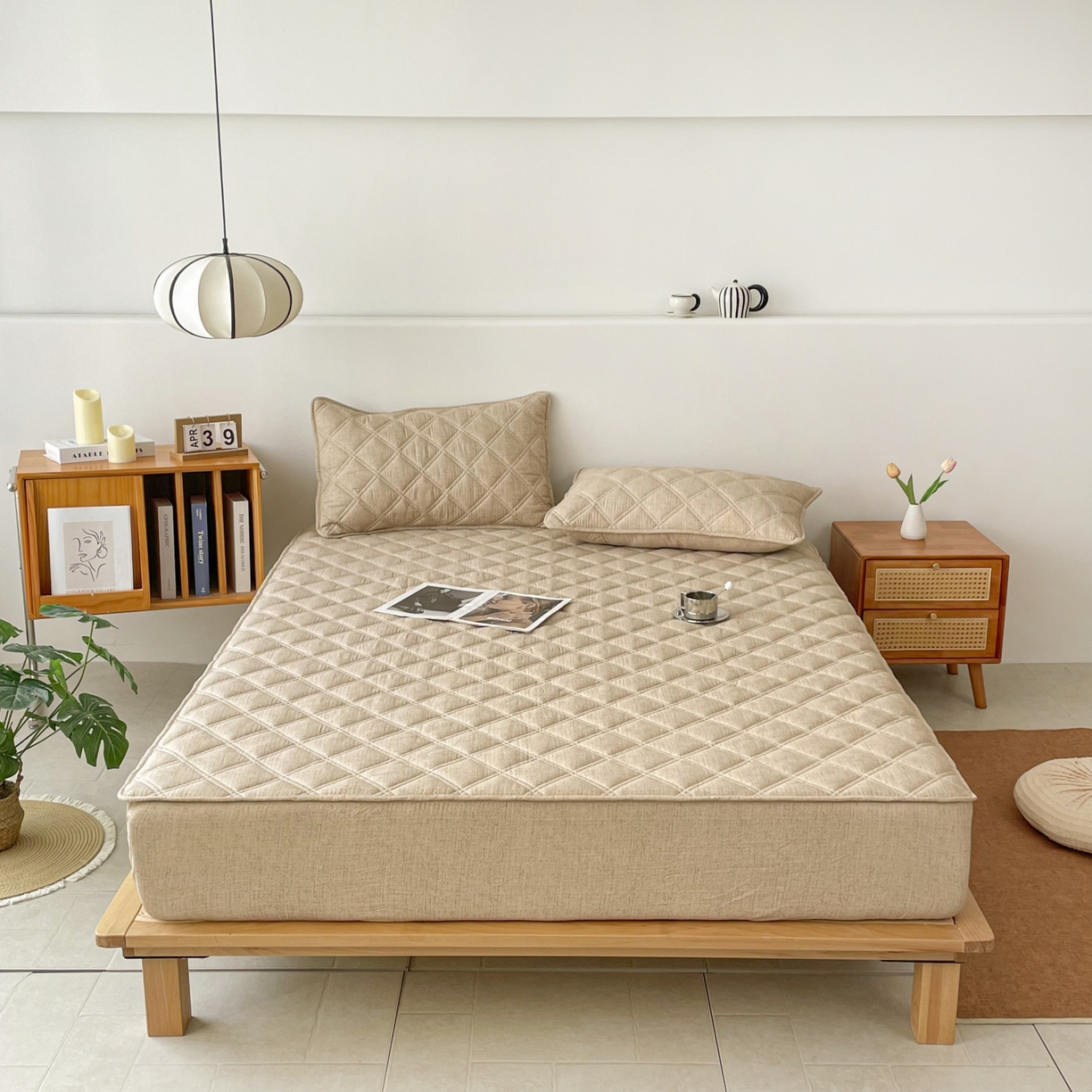 91家纺网 家纺一手货源 找家纺 豪选家纺 2025新款仿亚麻夹棉棉花床笠 卡其驼