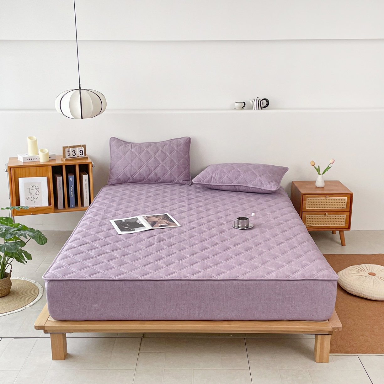 91家纺网 家纺一手货源 找家纺 豪选家纺 2025新款仿亚麻夹棉棉花床笠 木槿紫