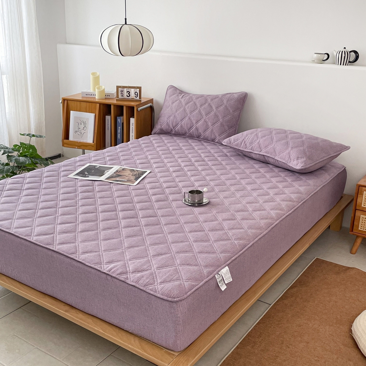 91家纺网 家纺一手货源 找家纺 豪选家纺 2025新款仿亚麻夹棉棉花床笠 木槿紫