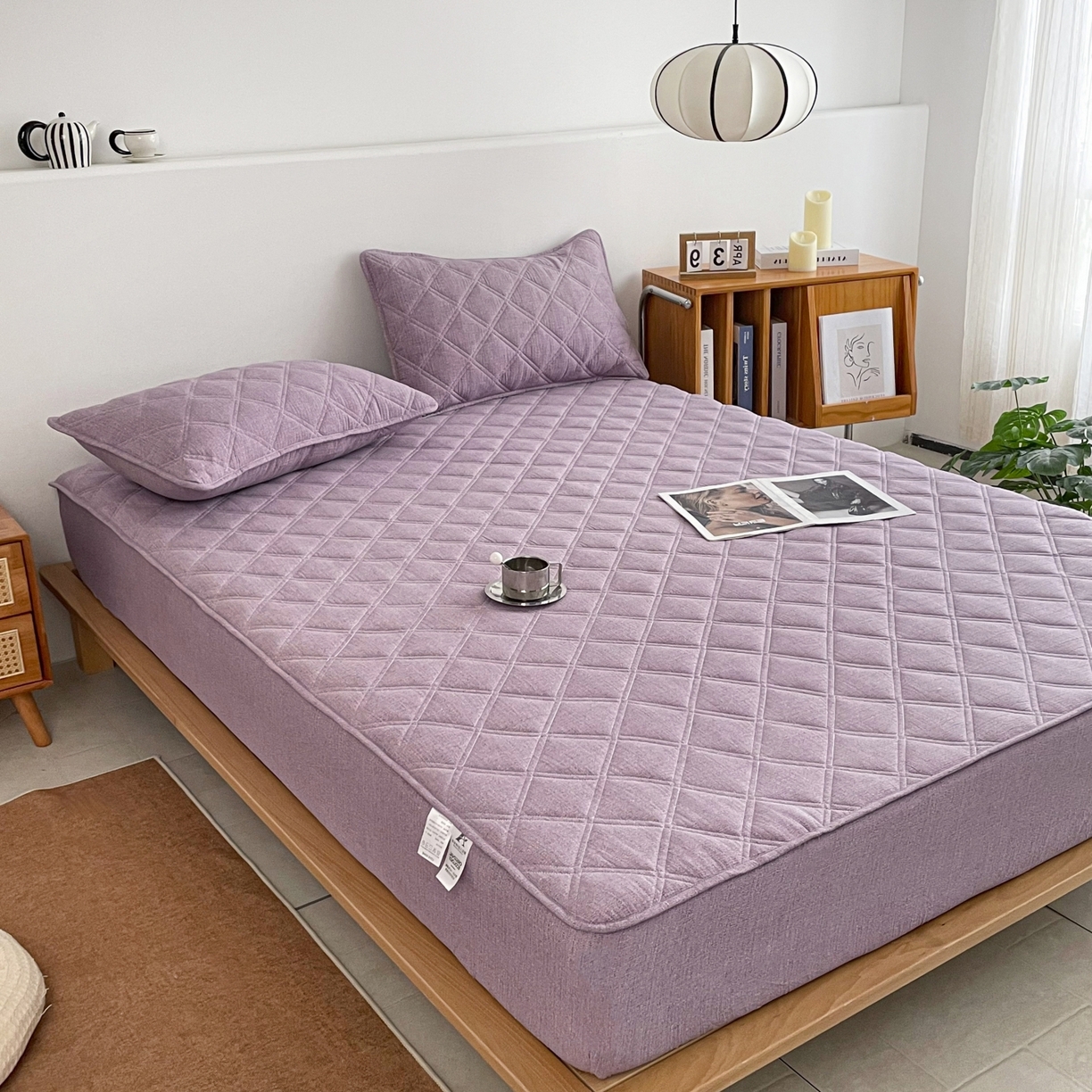 91家纺网 家纺一手货源 找家纺 豪选家纺 2025新款仿亚麻夹棉棉花床笠 木槿紫