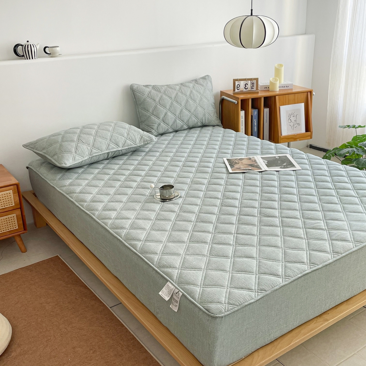 91家纺网 家纺一手货源 找家纺 豪选家纺 2025新款仿亚麻夹棉棉花床笠 青草绿