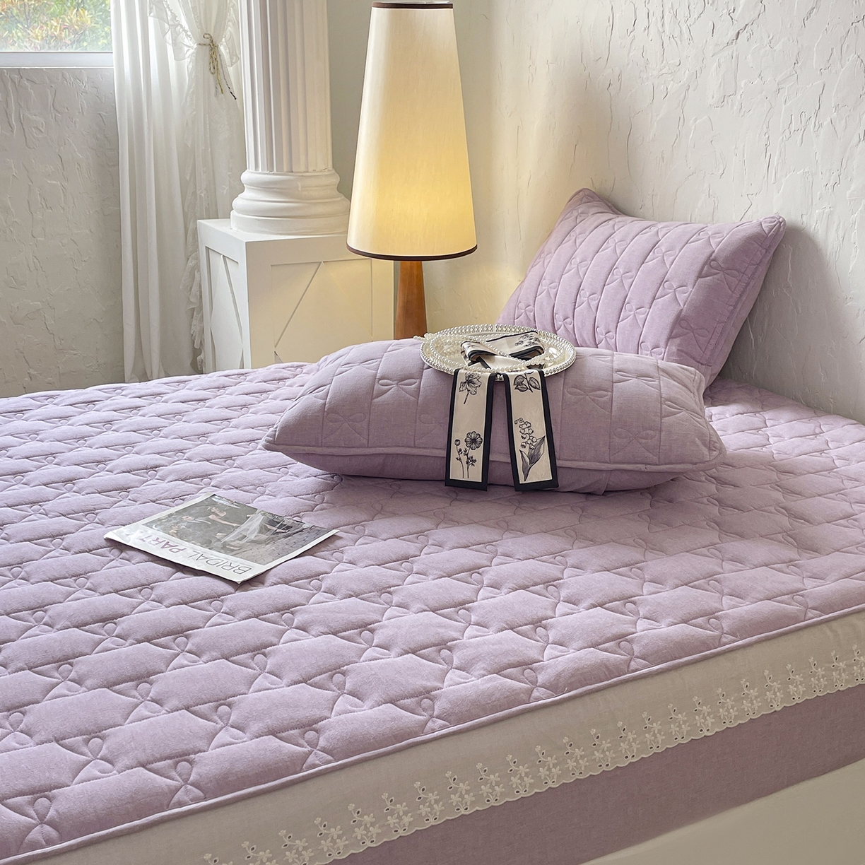 91家纺网 家纺一手货源 找家纺 豪选家纺 2025新款纯棉花边夹棉棉花床笠 花边床笠-紫韵幽梦