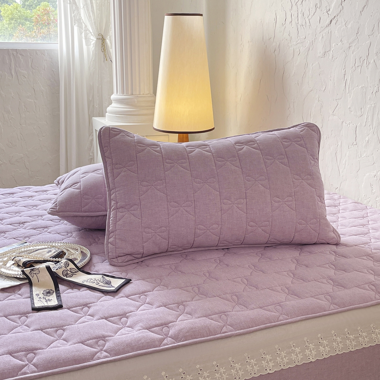 91家纺网 家纺一手货源 找家纺 豪选家纺 2025新款纯棉花边夹棉棉花床笠 花边床笠-紫韵幽梦