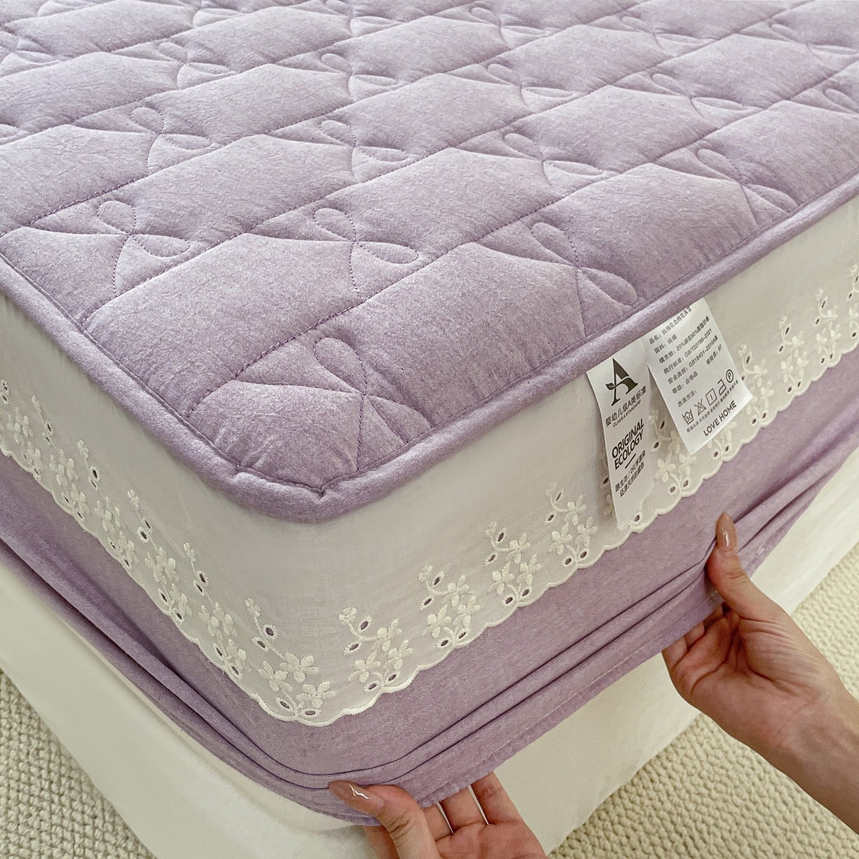 91家纺网 家纺一手货源 找家纺 豪选家纺 2025新款纯棉花边夹棉棉花床笠 花边床笠-紫韵幽梦