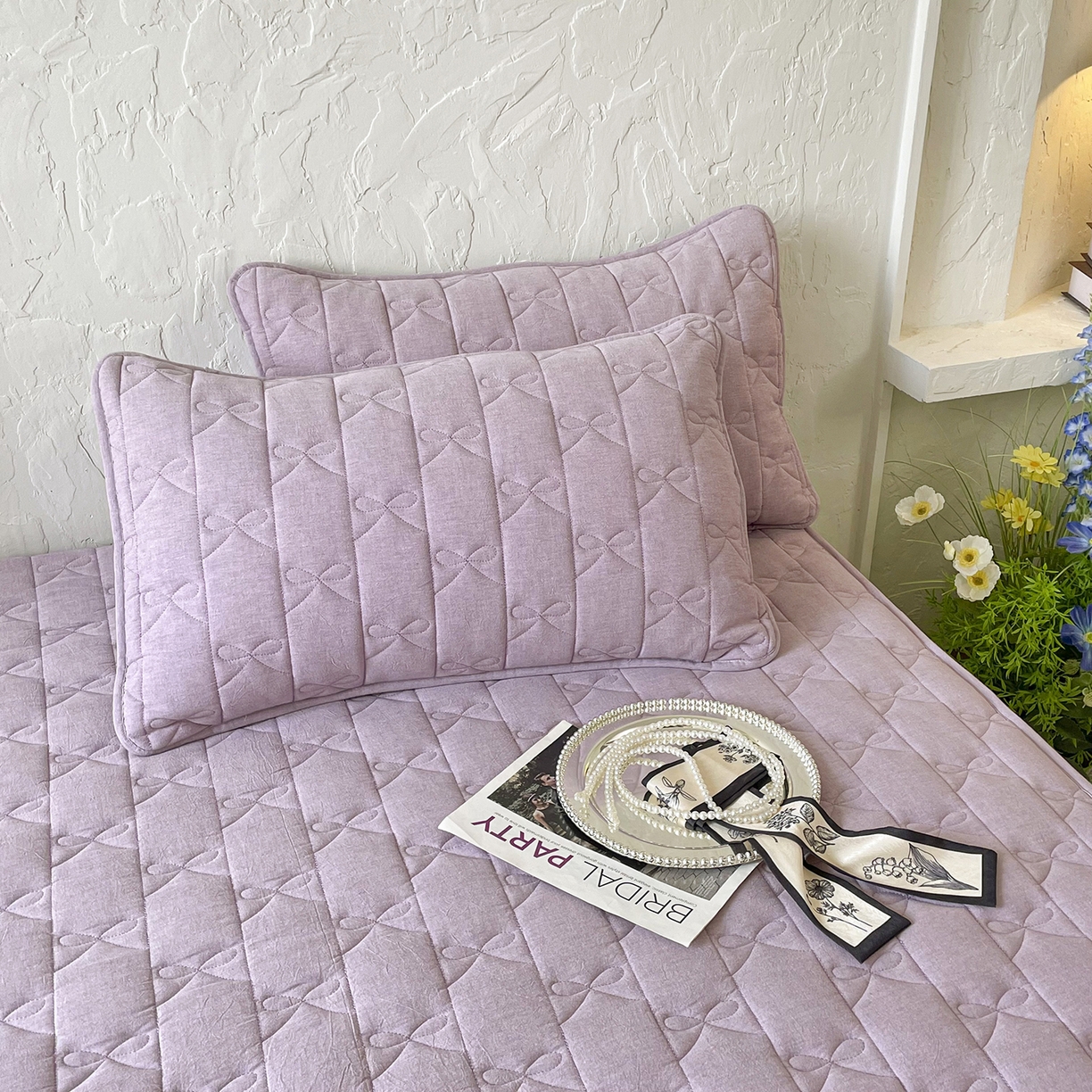 91家纺网 家纺一手货源 找家纺 豪选家纺 2025新款纯棉花边夹棉棉花床笠 花边床笠-紫韵幽梦