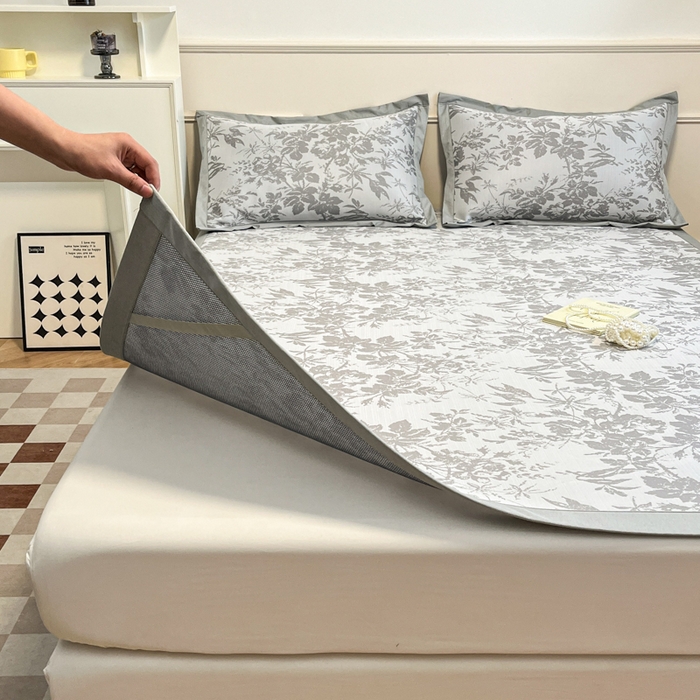 91家纺网 家纺一手货源 找家纺 宜代光年 2025新款冷凝丝可水洗提花凉感席 凉感繁花-灰