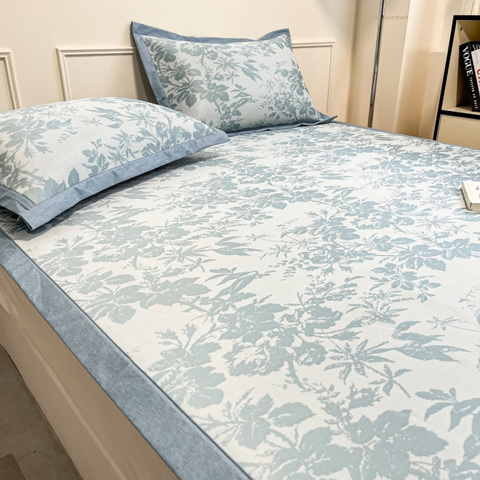 91家纺网 家纺一手货源 找家纺 宜代光年 2025新款冷凝丝可水洗提花凉感席 凉感繁花-蓝