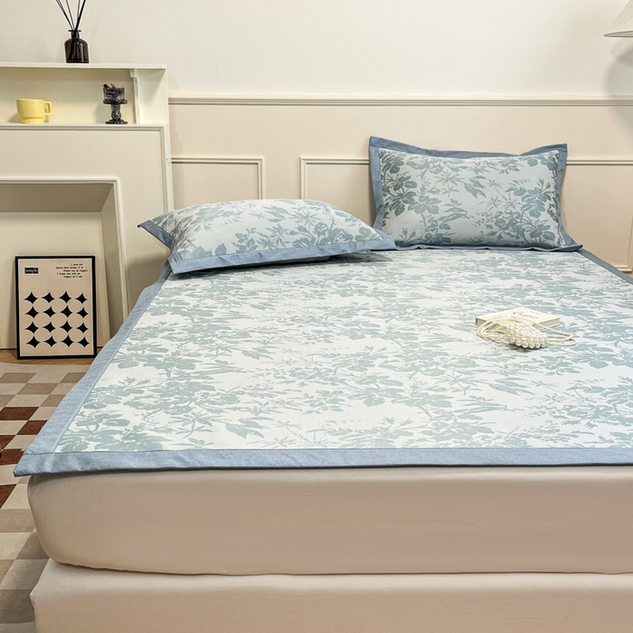 91家纺网 家纺一手货源 找家纺 宜代光年 2025新款冷凝丝可水洗提花凉感席 凉感繁花-蓝