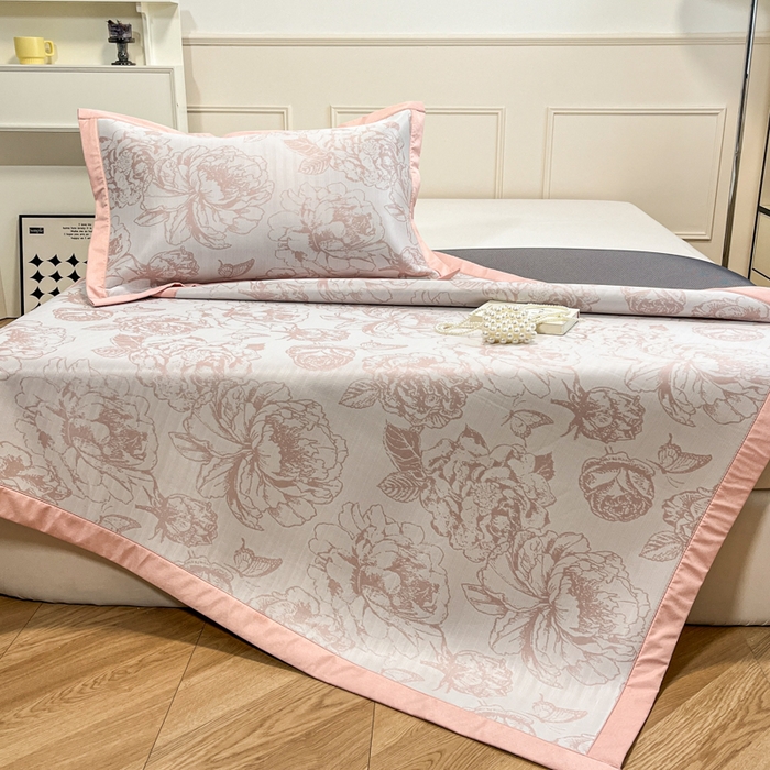 91家纺网 家纺一手货源 找家纺 宜代光年 2025新款冷凝丝可水洗提花凉感席 凉感牡丹-粉