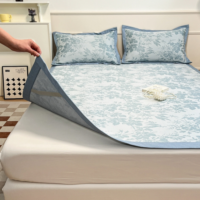 91家纺网 家纺一手货源 找家纺 宜代光年 2025新款冷凝丝可水洗提花凉感席 凉感繁花-蓝