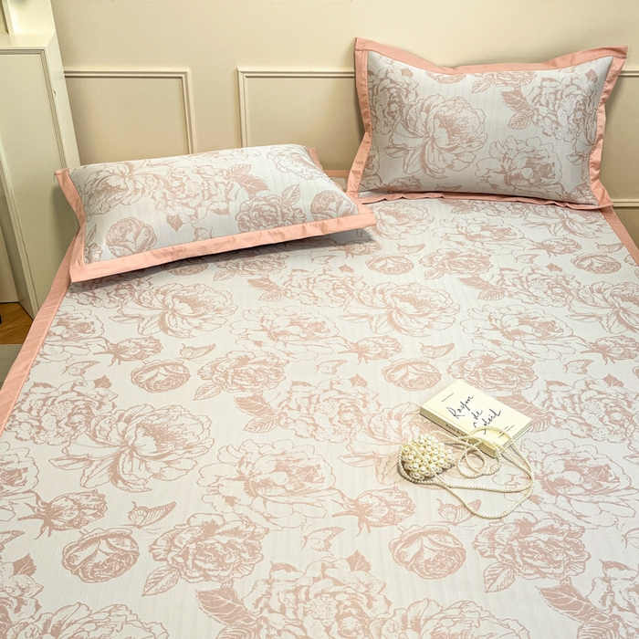 91家纺网 家纺一手货源 找家纺 宜代光年 2025新款冷凝丝可水洗提花凉感席 凉感牡丹-粉