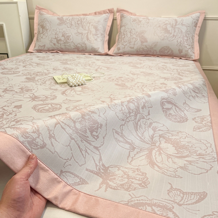 91家纺网 家纺一手货源 找家纺 宜代光年 2025新款冷凝丝可水洗提花凉感席 凉感牡丹-粉