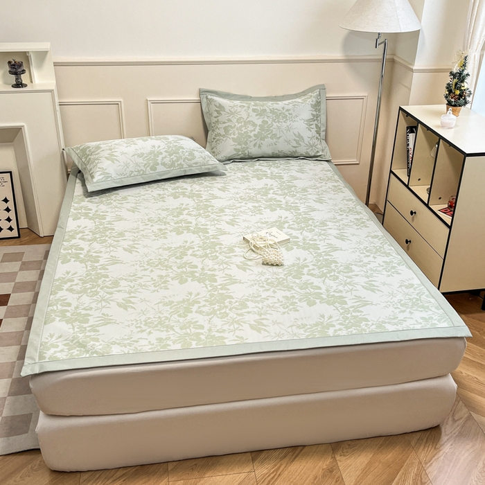 91家纺网 家纺一手货源 找家纺 宜代光年 2025新款冷凝丝可水洗提花凉感席 凉感繁花-绿