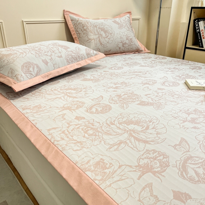 91家纺网 家纺一手货源 找家纺 宜代光年 2025新款冷凝丝可水洗提花凉感席 凉感牡丹-粉