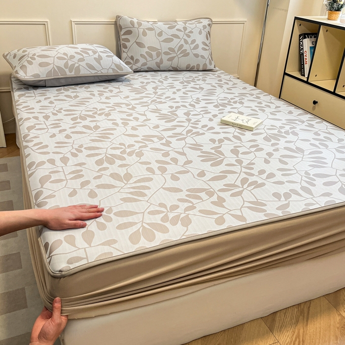 91家纺网 家纺一手货源 找家纺 宜代光年 2025新款冷凝丝可水洗提花凉感席 床笠-凉感叶繁-咖