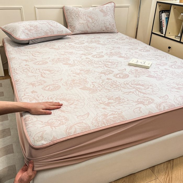 91家纺网 家纺一手货源 找家纺 宜代光年 2025新款冷凝丝可水洗提花凉感席 床笠-凉感牡丹-粉