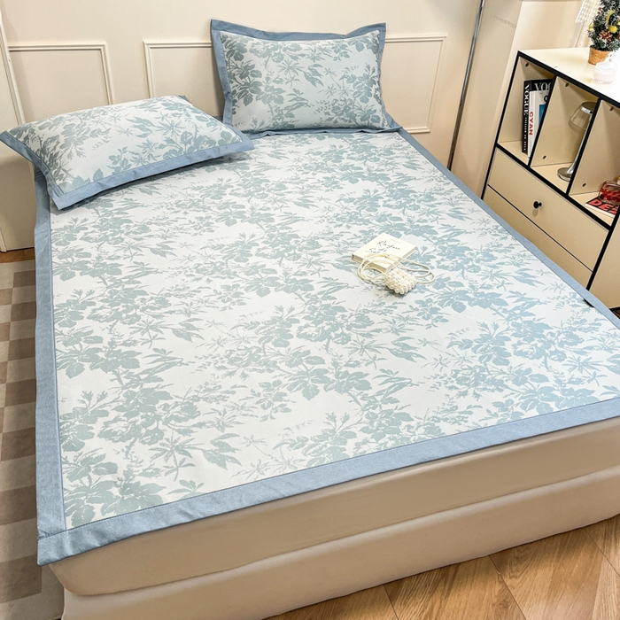 91家纺网 家纺一手货源 找家纺 宜代光年 2025新款冷凝丝可水洗提花凉感席 凉感繁花-蓝