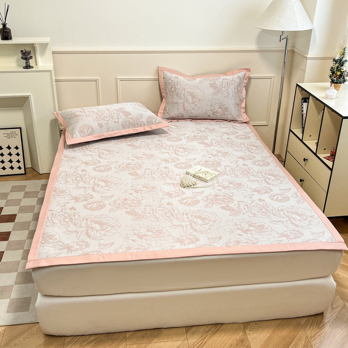 91家纺网 家纺一手货源 找家纺 宜代光年 2025新款冷凝丝可水洗提花凉感席 凉感牡丹-粉