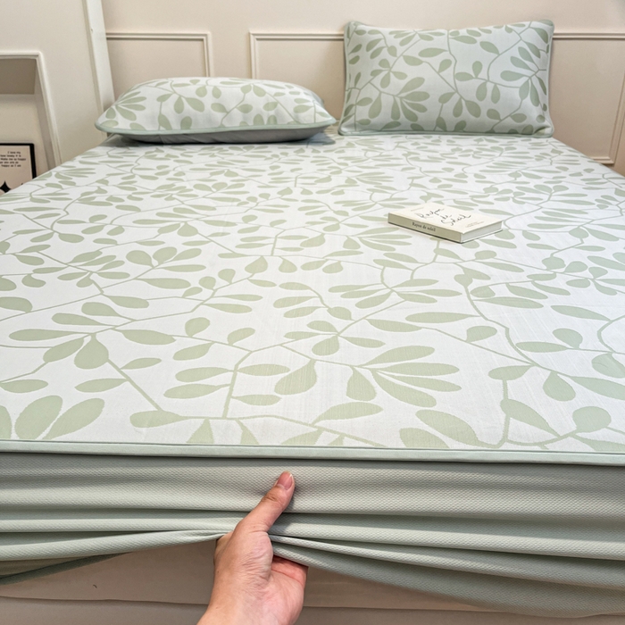 91家纺网 家纺一手货源 找家纺 宜代光年 2025新款冷凝丝可水洗提花凉感席 床笠-凉感叶繁-绿