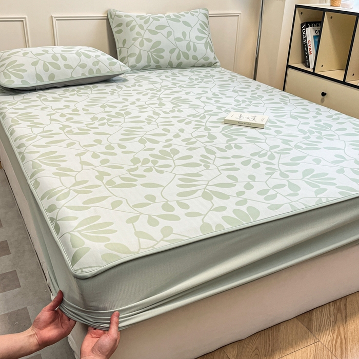 91家纺网 家纺一手货源 找家纺 宜代光年 2025新款冷凝丝可水洗提花凉感席 床笠-凉感叶繁-绿