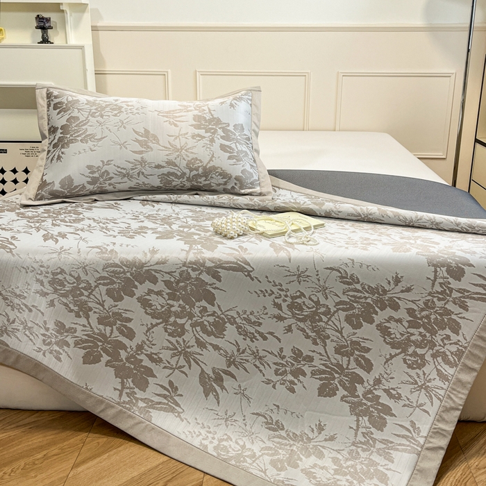 91家纺网 家纺一手货源 找家纺 宜代光年 2025新款冷凝丝可水洗提花凉感席 凉感繁花-咖