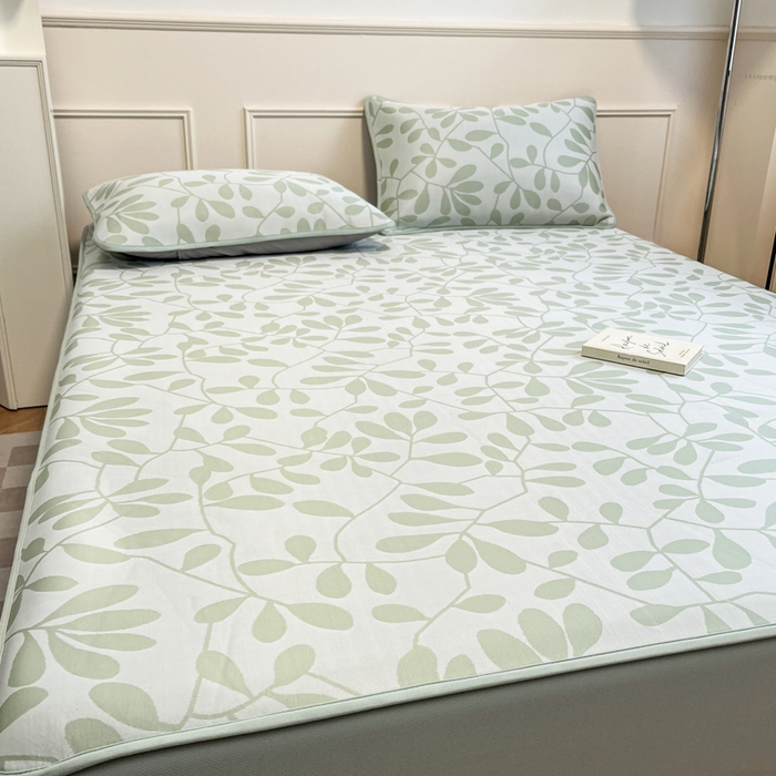 91家纺网 家纺一手货源 找家纺 宜代光年 2025新款冷凝丝可水洗提花凉感席 床笠-凉感叶繁-绿