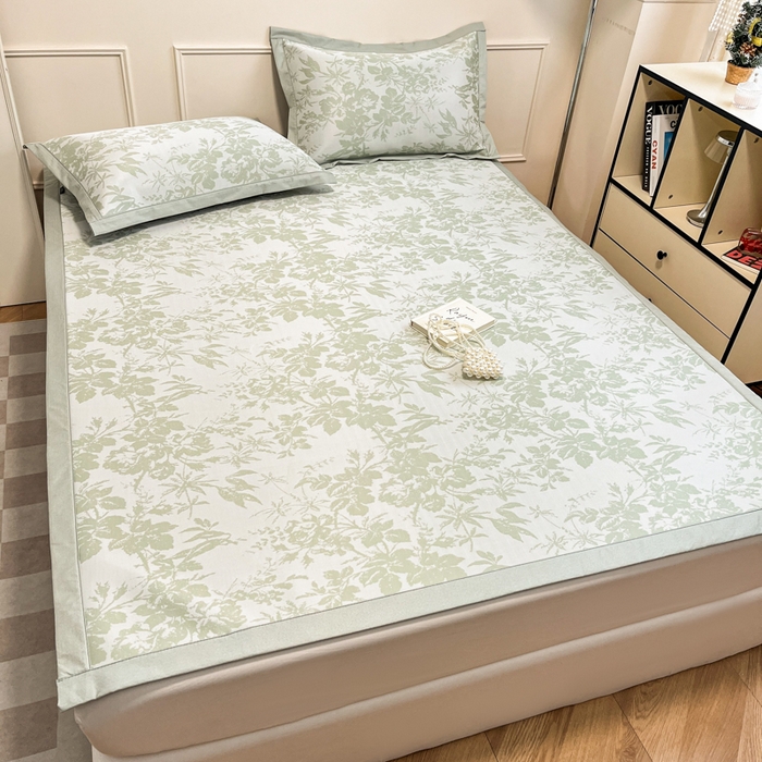 91家纺网 家纺一手货源 找家纺 宜代光年 2025新款冷凝丝可水洗提花凉感席 凉感繁花-绿