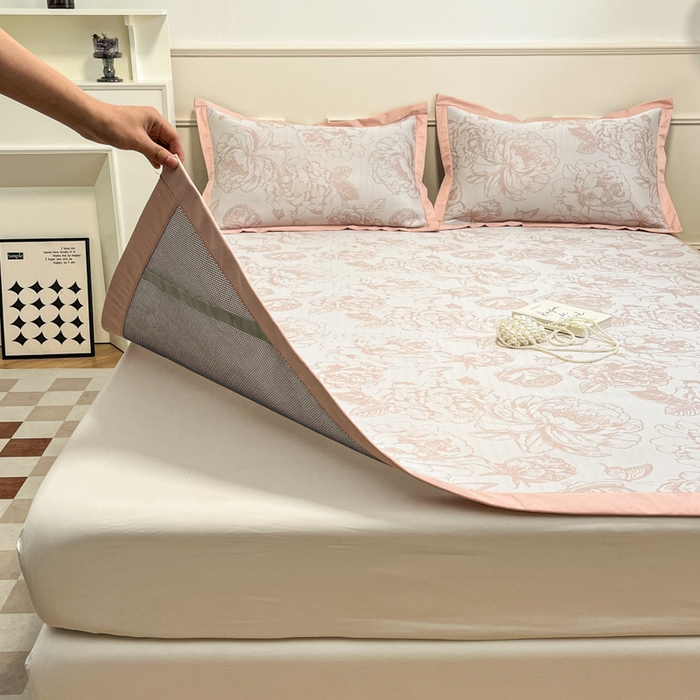 91家纺网 家纺一手货源 找家纺 宜代光年 2025新款冷凝丝可水洗提花凉感席 凉感牡丹-粉