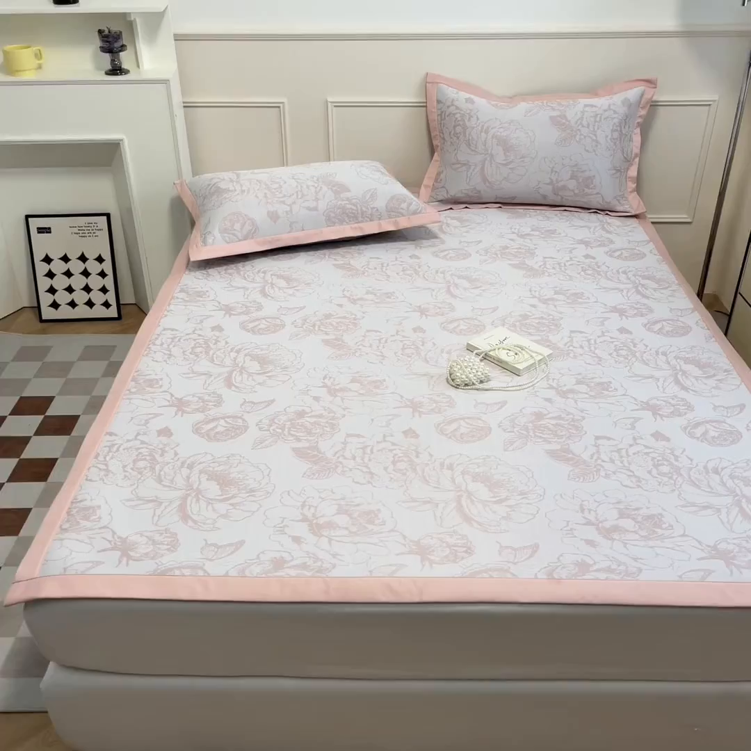 91家纺网 家纺一手货源 找家纺 宜代光年 2025新款冷凝丝可水洗提花凉感席 凉感牡丹-粉