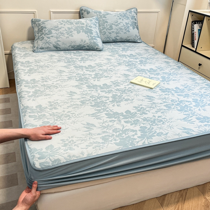 91家纺网 家纺一手货源 找家纺 宜代光年 2025新款冷凝丝可水洗提花凉感席 床笠-凉感繁花-蓝