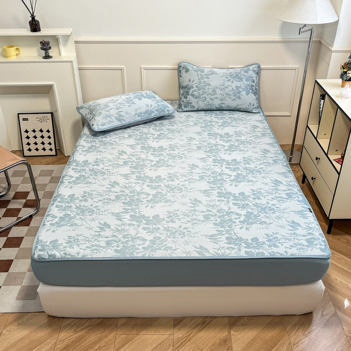 91家纺网 家纺一手货源 找家纺 宜代光年 2025新款冷凝丝可水洗提花凉感席 床笠-凉感繁花-蓝