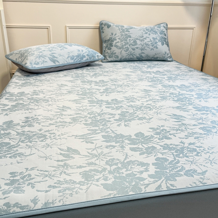 91家纺网 家纺一手货源 找家纺 宜代光年 2025新款冷凝丝可水洗提花凉感席 床笠-凉感繁花-蓝