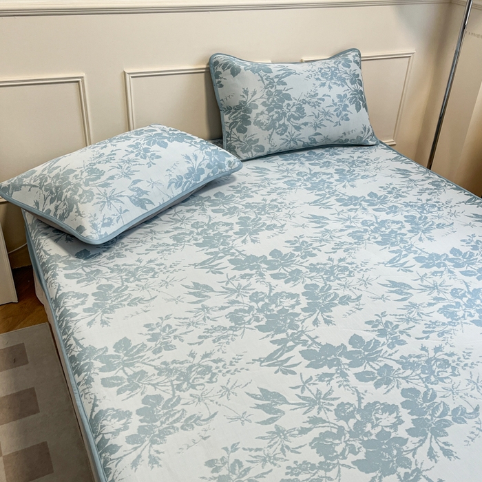 91家纺网 家纺一手货源 找家纺 宜代光年 2025新款冷凝丝可水洗提花凉感席 床笠-凉感繁花-蓝