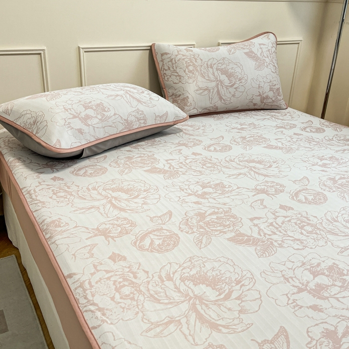 91家纺网 家纺一手货源 找家纺 宜代光年 2025新款冷凝丝可水洗提花凉感席 床笠-凉感牡丹-粉