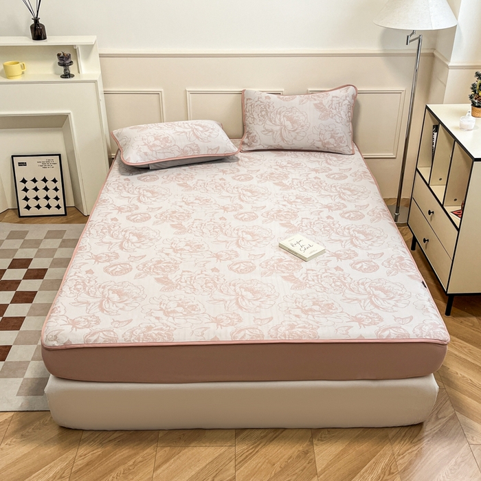 91家纺网 家纺一手货源 找家纺 宜代光年 2025新款冷凝丝可水洗提花凉感席 床笠-凉感牡丹-粉