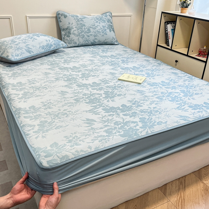 91家纺网 家纺一手货源 找家纺 宜代光年 2025新款冷凝丝可水洗提花凉感席 床笠-凉感繁花-蓝