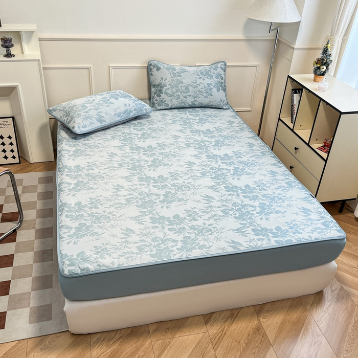 91家纺网 家纺一手货源 找家纺 宜代光年 2025新款冷凝丝可水洗提花凉感席 床笠-凉感繁花-蓝