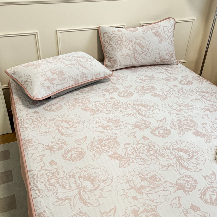 91家纺网 家纺一手货源 找家纺 宜代光年 2025新款冷凝丝可水洗提花凉感席 床笠-凉感牡丹-粉