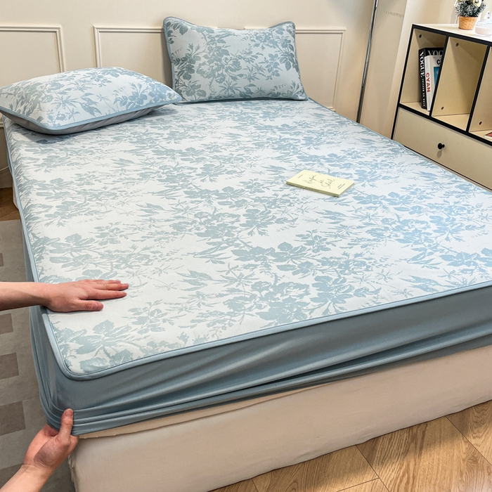 91家纺网 家纺一手货源 找家纺 宜代光年 2025新款冷凝丝可水洗提花凉感席 床笠-凉感繁花-蓝