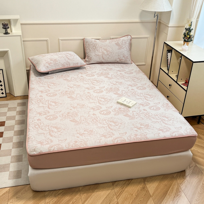 91家纺网 家纺一手货源 找家纺 宜代光年 2025新款冷凝丝可水洗提花凉感席 床笠-凉感牡丹-粉