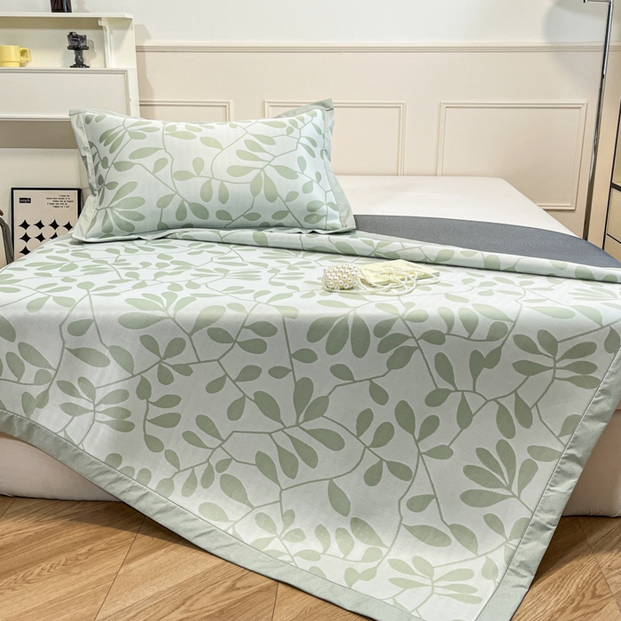 91家纺网 家纺一手货源 找家纺 宜代光年 2025新款冷凝丝可水洗提花凉感席 凉感叶繁-绿