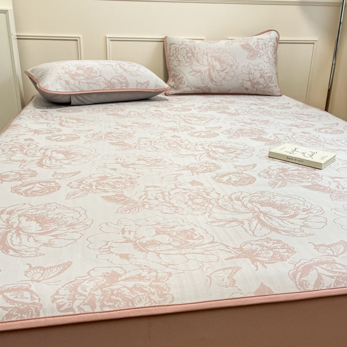 91家纺网 家纺一手货源 找家纺 宜代光年 2025新款冷凝丝可水洗提花凉感席 床笠-凉感牡丹-粉