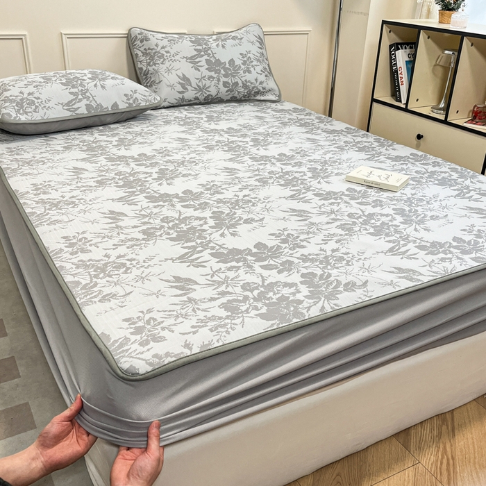 91家纺网 家纺一手货源 找家纺 宜代光年 2025新款冷凝丝可水洗提花凉感席 床笠-凉感繁花-灰