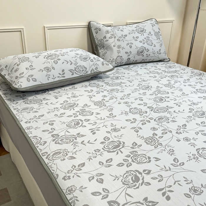 91家纺网 家纺一手货源 找家纺 宜代光年 2025新款冷凝丝可水洗提花凉感席 床笠-凉感陌上花开-灰