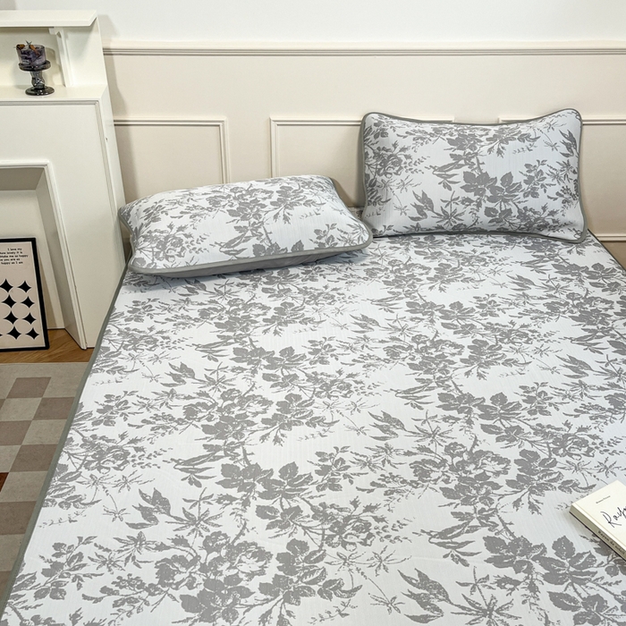 91家纺网 家纺一手货源 找家纺 宜代光年 2025新款冷凝丝可水洗提花凉感席 床笠-凉感繁花-灰