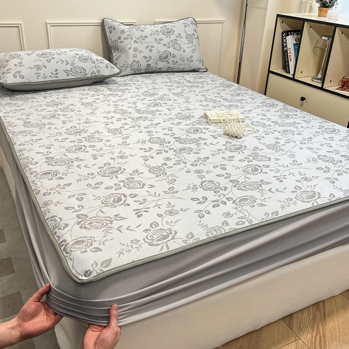 91家纺网 家纺一手货源 找家纺 宜代光年 2025新款冷凝丝可水洗提花凉感席 床笠-凉感陌上花开-灰