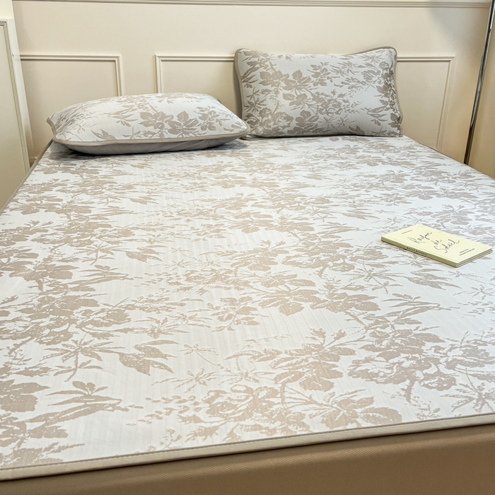 91家纺网 家纺一手货源 找家纺 宜代光年 2025新款冷凝丝可水洗提花凉感席 床笠-凉感繁花-咖