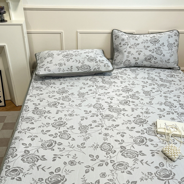 91家纺网 家纺一手货源 找家纺 宜代光年 2025新款冷凝丝可水洗提花凉感席 床笠-凉感陌上花开-灰