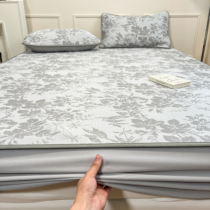 91家纺网 家纺一手货源 找家纺 宜代光年 2025新款冷凝丝可水洗提花凉感席 床笠-凉感繁花-灰